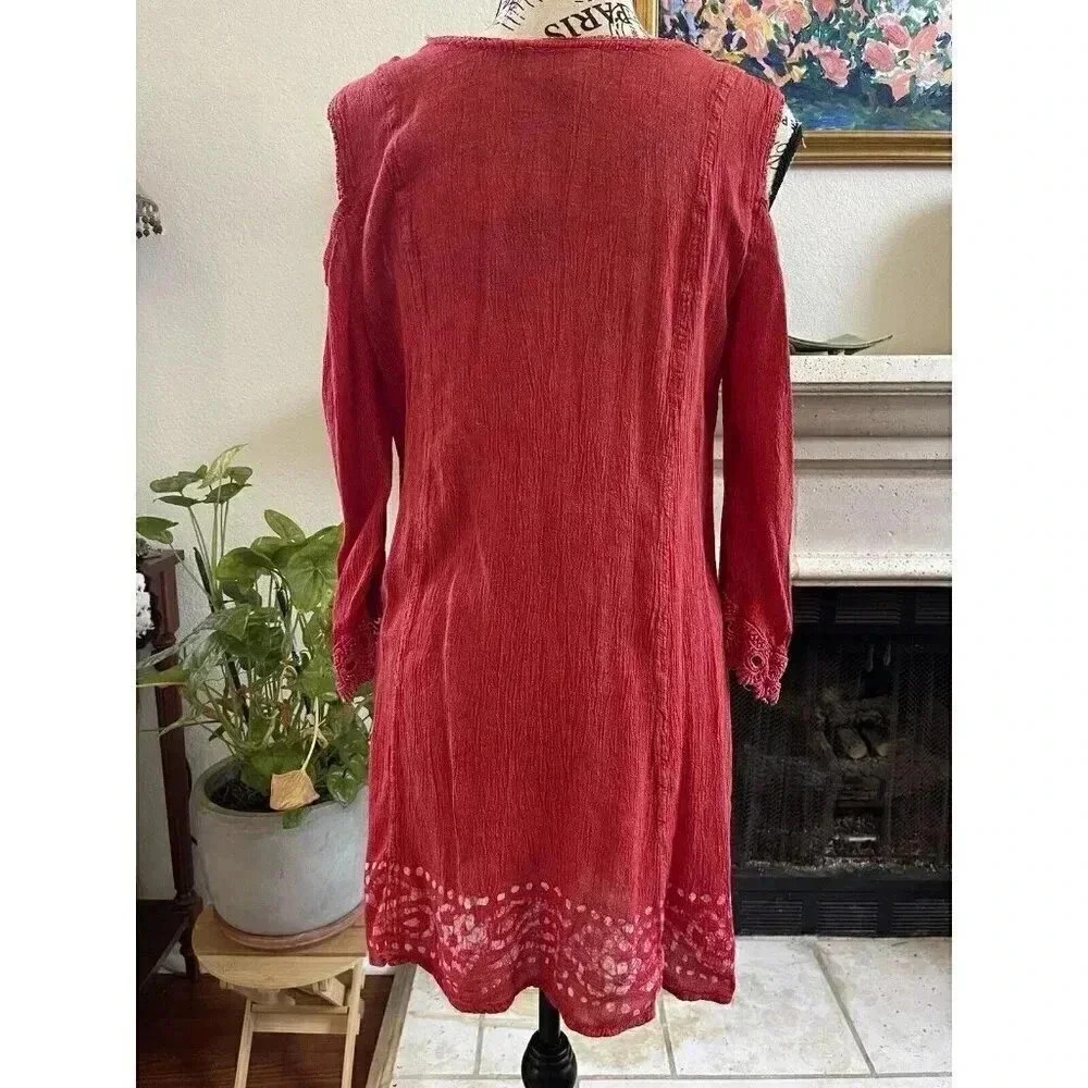 South‎ Main Dress Sz L/XL Red Embroidered Lace Hem Shoulder Slit Long Sleeve - Picture 4 of 11